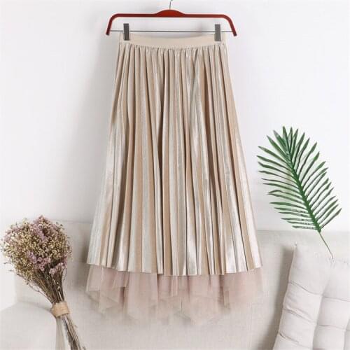 Gowyimmes Autumn Winter Women All-match Mesh Skirt Wear On Both Side High Waist A-line Velvet Skirts Midi Long Pleated Skirt 189