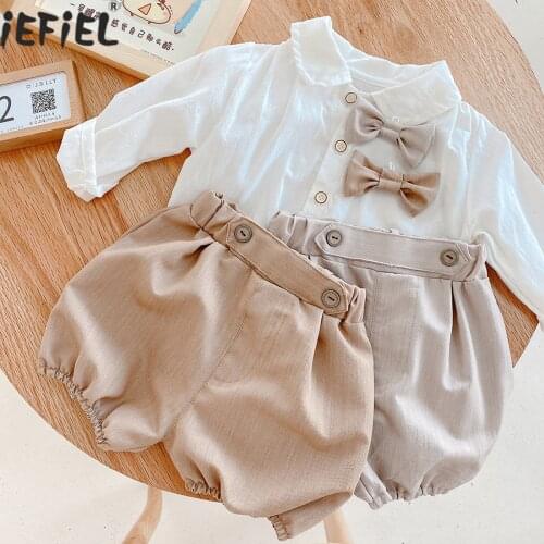 Summer Baby Boy Clothes Birthday Outfits Baby Boys Gentleman Suits Long Sleeve Shirt Pants Bow Tie Toddler Kid Clothing 3pcs Set