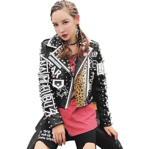 High Street Fashion Brand Women Rivets Leopard print PU Faux Leather motorcycle jacket Coats punk rock Graffiti Outerwear