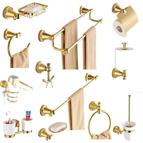 Gold Finish Brass Bathroom Hardware Set Toilet Paper Holder Toothbrush Holder Towel Bar Wall Mounted Bathroom Accessories Set