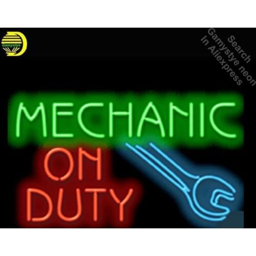 Mechanic On Duty Repair Car Auto Glass Tube neon sign Handcrafted Automotive signs Shop Store Business Signboard signage 17"x14"