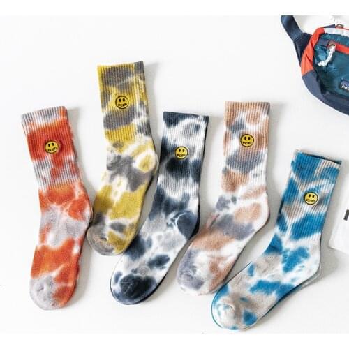 Tie-dye embroidery socks women men smiley face expression crew socks cotton street fashion hip-hop Harajuku sports stocking