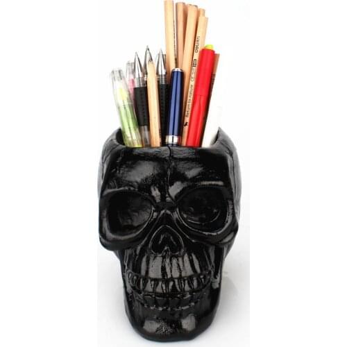 Skull Resin Pen & Pencil Holder, Halloween Decorative Skeleton Head Stationery Storage Desktop Organizer