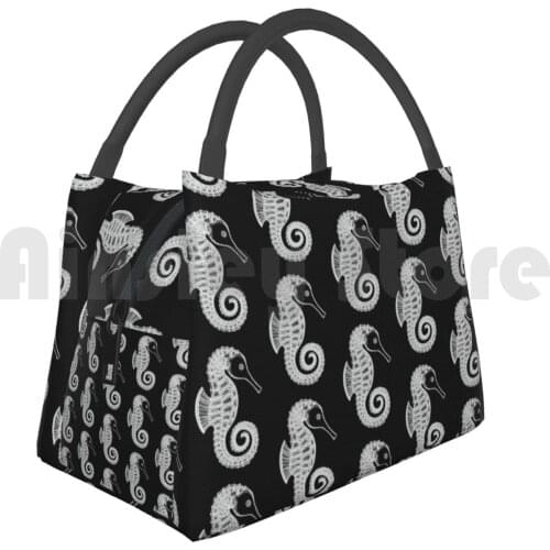 Portable Insulation Bag Seahorse Ink Art-Cute Ocean Animal Design ( On Black ) Seahorse Seahorses Sea Horse