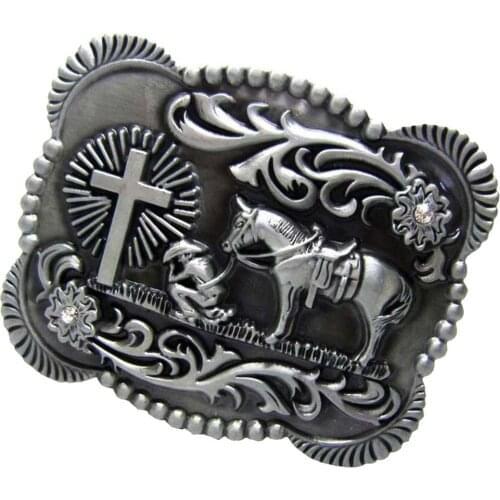 Retro Antique Silver Western Cowboy Prayer Cross Horse Scroll Belt Buckle