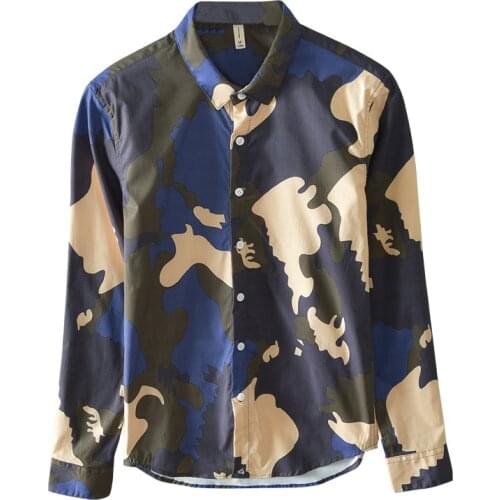 High Quality Autumn Mens Casual Shirt Stylish Print Men Shirts Retro Long Sleeve Vacation Casual Blouse Stand Collar Men Shirt