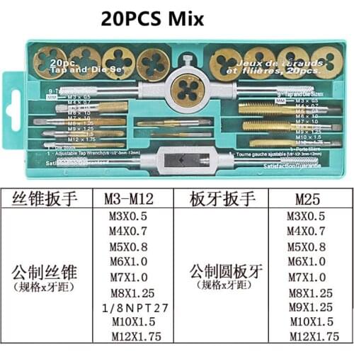 Hand Tools Die Set Screw Taps Thread Plugs Alloy Steel And 1/16-1/2 Inch 20pcs Tap Metric Use Silver Titanium Plated & 20
