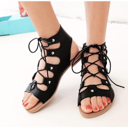 Croee Tied Women Sandals Summer 2021 Roman Beach Female Shoes Fashion Leather Low Heel Open Toe plus 43 Shoes ladies