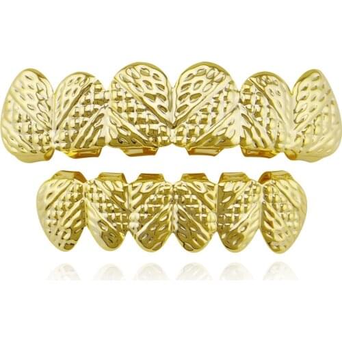 High Quality Gold Color Teeth Grills Set 6 Top Teeth & 6 Bottom Tooth Cap Hip Hop Grillz for Women Men Joyeria Hallowen Gift
