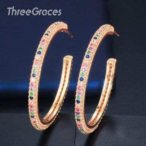 Threegraces Trendy Multicolor Cubic Zirconia Crystal Rainbow Big Round Circle Women Gold Loop Earrings for Dinner Banquet E0309