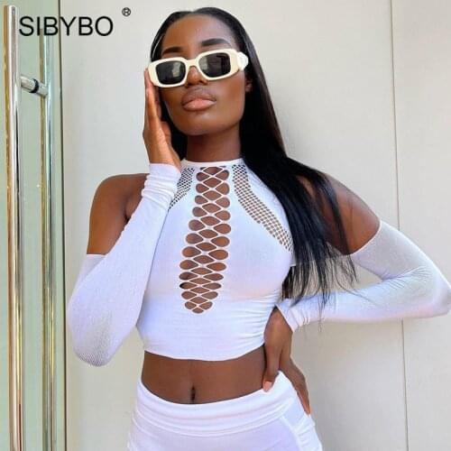 Sibybo Summer Hollow Out Crop Top Women Y2K Off Shoulder Long Sleeve Sexy Tee Shirts 2021 Streetwear Femme Black Skinny T-shirts