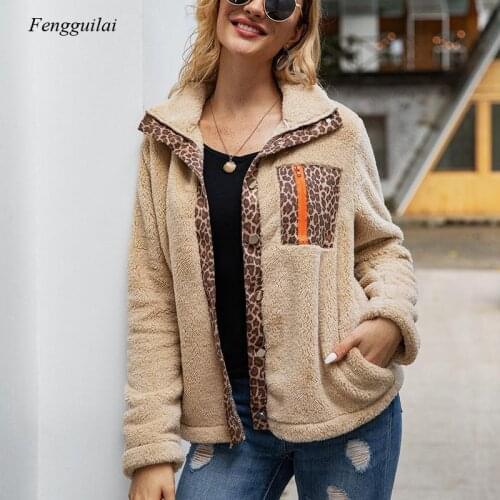 Large Size Winter Faux Fur Jacket Coat Leopard Print Patchwork Buttons Lazy Fluffy Teddy Coat Plush Casual Coat