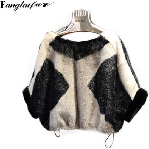 Ftangaiur Winter Jacket Import Velvet Mink Fur Coat O-Neck Half Sleeve Mink Coat Patchwork Color Women Short Real Mink Fur Coats