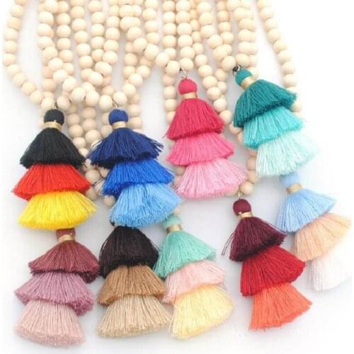 10mm Round Natural Wood Beads Tassel Pendant Long Chain 3 Layered Gradient Tiered Threaded Tassel Necklaces for Women Jewelry