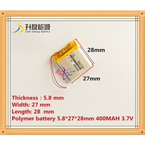 Smart watch battery 582728 3.7V lithium polymer battery 400MAH MP3 MP4 MP5 Audio Speakers Bluetooth headset battery connector