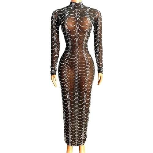 Black Party Dress Sparkly Rhinestones Transparent Dress Women Evening Birthday dresses Celebrate Dance Costume Show Outfit