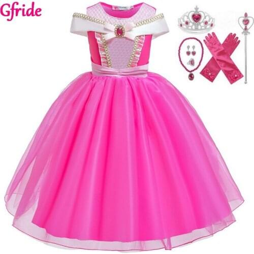 Girls Belle Costumes For Kids Aurora Rapunzel Long Dress Grown Wands Gloves Children Halloween Christmas Holiday Party Dress