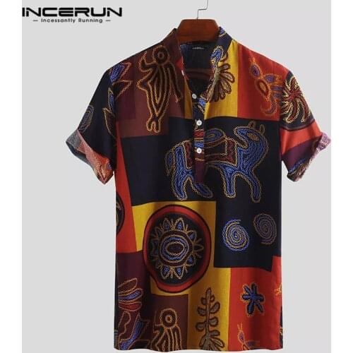 INCERUN Men Hawaiian Shirt Printing Loose Cotton Short Sleeve Stand Collar Vintage Breathable Tops Ethnic Style Shirts Men 2021