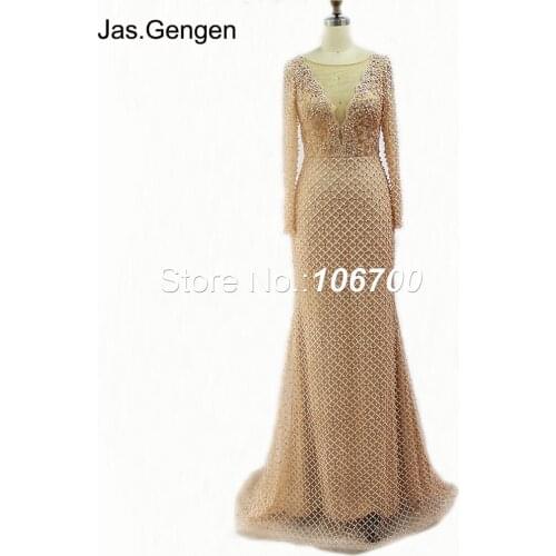 Amazing Embroidery Lace Mermaid abendkleider Evening Dress Long Sleeves Sheer Illusion Plunging Neck Stone Beading Pearls Prom