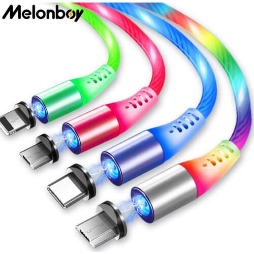 3 in 1 Luminous magnetic phone cable lighting charging cable charger for micro/i-product/ Type C LED flowing cool phone cable