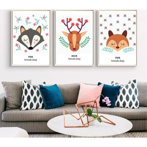 HAOCHU Kawaii Sleep Animals Head Fox Deer Bear Print Wall Poster Modern Canvas Painting for Kids Baby Room Nordic Decoration