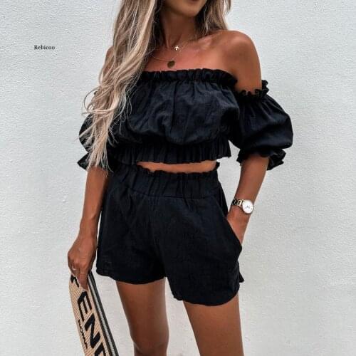 Women Sexy Summer Two Piece Sets Off Shoulder Puff Sleeve Crop Top Elastic Waist Shorts Tracksuits Femenino Casual New