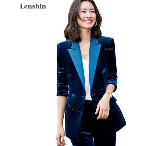 Lenshin Velvet fabric 2 Pieces Set Pleuche Pant Suit Double Breasted Coat with Trouser Contranst Design for Office Lady Women