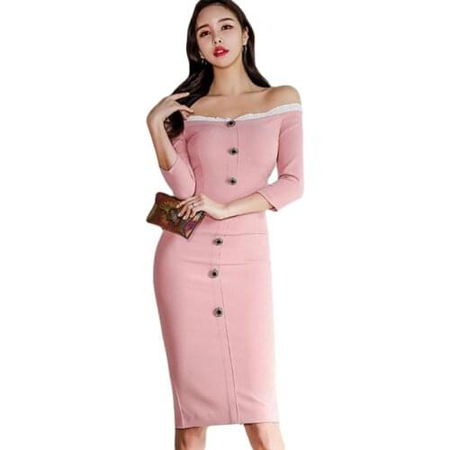 Summer Dresses Pink Slash Neck Off Shoulder Women Dress Tight Elegant Bodycon Office Ladies Sexy Party Midi Wrap Pencil Dress
