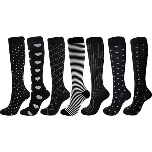 58 Style Nylon Black Compression Socks Men Stripe Dot Diamond Five-pointed Star Womens High Socks Prevent Varicose Veins