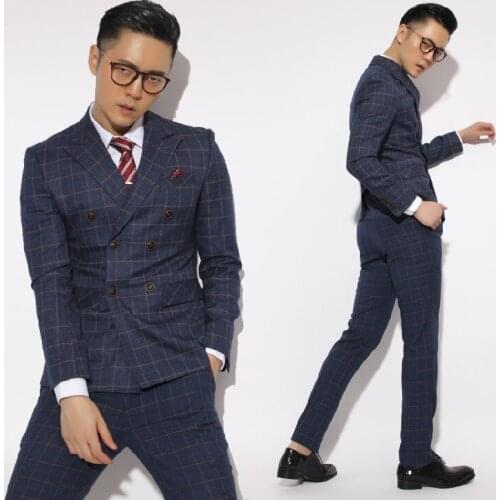 New Men Fashion Formal Dress Double Breasted Suits Plaid Business Leisure Suits Wedding Hairstylist Host Stage Singer Costumes