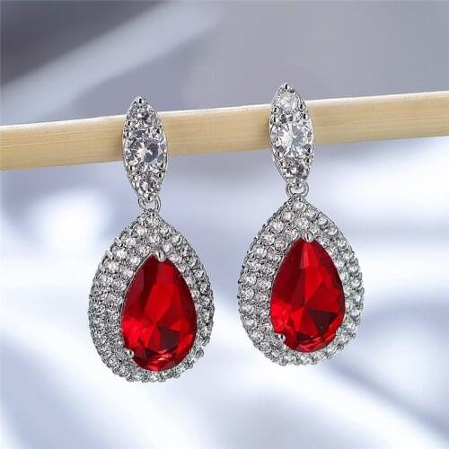 Charm Rainbow Zircon Wedding Earrings Classic Female Red Crystal Water Drop Earrings Boho Silver Color Dangle Earrings For Women