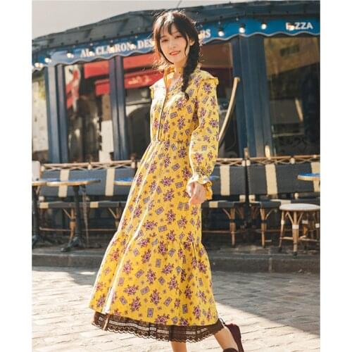 INMAN Spring Autumn Artsy Style Stand Collar Retro Flower Print A Line Women Dresses