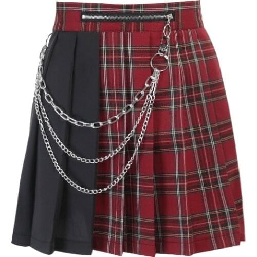 Ruibbit Goth Punk Red Plaid Pleated Skirt Streetwear Fashion Chain High Waist Mini Skirts Harajuku Black Patchwork E Girl Skirt
