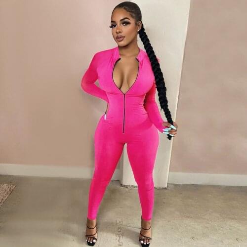 Sexy Zipper Long Sleeve Bodycon Jumpsuit Women Elastic Skinny Fitness Workout One Piece Rompers Womens Jumpsuit Female Overalls