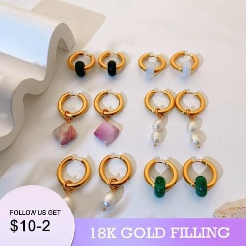 2022 New 18KGF Natural Stone Beads Hoop earrings for women statement stainless steel hoop Female Jewelry Gift