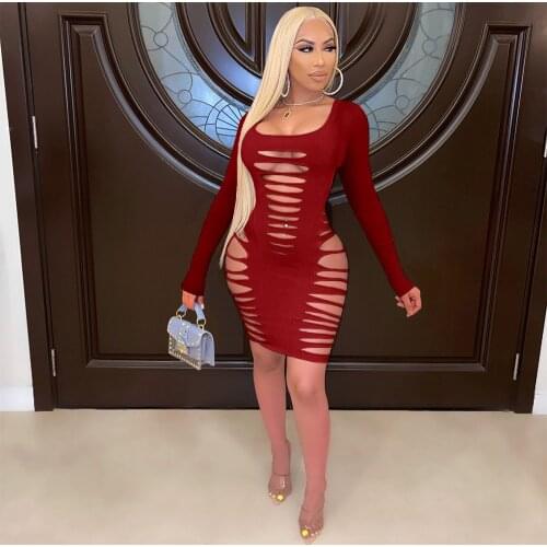 Sexy Hollow Out Black Red Bodycon Mini Women Dress New Autumn O Neck Long Sleeve Backless Bodycon Club Party Dresses Clothes