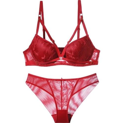 Red Thin Lace Lingerie Female Deep V Push Up Bras And Panty Sets For Women Cross Bandage Backless Sexy Underwear Brassiere B C D