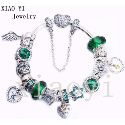 XIAOYI 2020 new 100% S925 Green heart star wing flower glass beads hollow dense zircon beads fashion for womens party bracelet