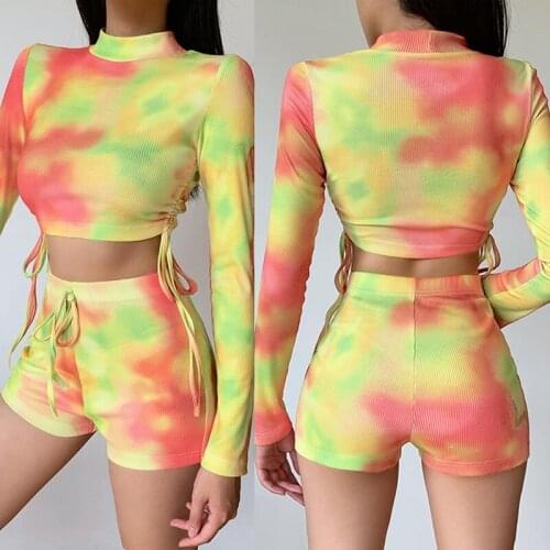 Womens Slim Long Sleeve T-Shirt Tie-Dye Pleated Top and Shorts Set Yellow