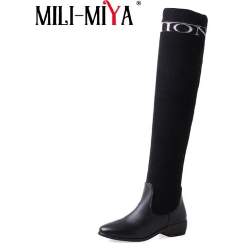 MILI-MIYA Fashion Brand Design Women Stretch Kitting Over The Knee Slip On Comfortable Low Thick Heels Round Toe For Ladies