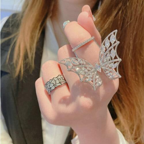 Women Trendy Flying Butterfly 925 Sterling silver AAAAA Zircon Exquisite Rings Open Resizable Finger Rings for Ladies Girls