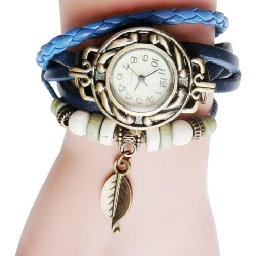 Multicolor High Quality Women Genuine Leather Vintage Quartz Dress Watch Bracelet Wristwatches Leaf Gift Retro Часы Мужские