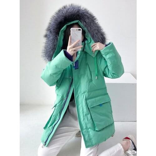 Winter Women Down Parkas Natural Real Fur Hooded 90% White Duck Down Jacket Warm White Green Military Puffer Couples Coats