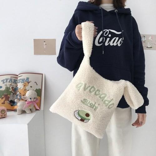 Winter Women Small Plush Tote Simple Warm Cloth Wrist Bags Embroidery Soft Handbag High Quality Eco Makeup Bag Purses for Girls