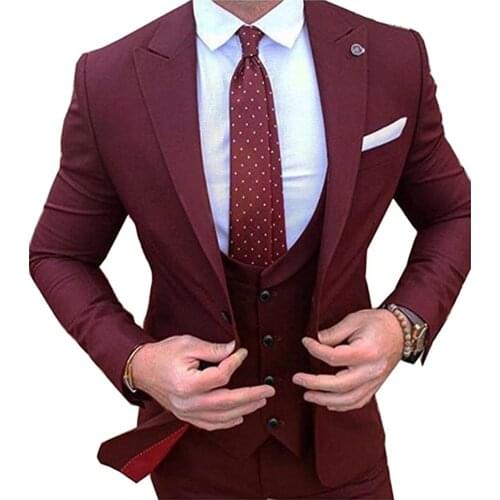 2021 Burgundy Male Suits Blazer Slim Business Formal Dress Waistcoat Groom Man Suit Exquisite Weeding Office Set Thin Blazer