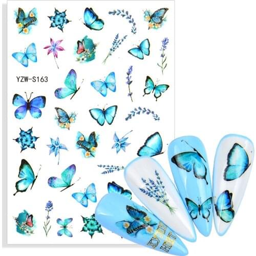 2021 NEW Butterflies Nails Art Manicure Stickers Blue Black Decals Spring Theme Flowers Lavender Nail Decoration Manicure