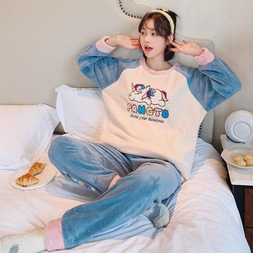 2061 Sleepy Unicorn Coral Fleece Pajamas Women Winter Thicken Plus Fleece Turtleneck Round Neck Fall Winter