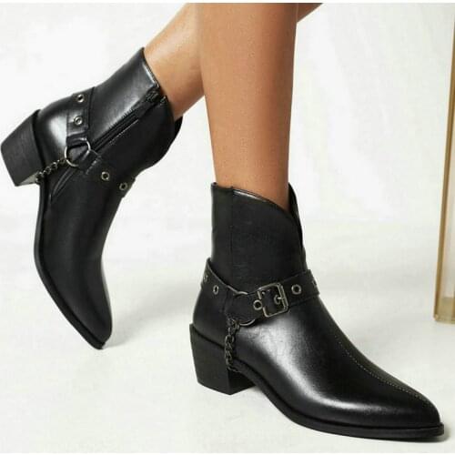 Black Red Yellow Women Ankle Boots Comfortable Square Heel Pointed Toe Ladies Short Boots PU Leather Buckle Zipper Womens Boots