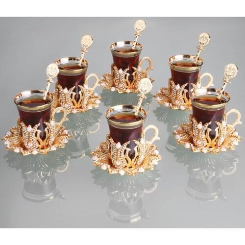 Handmade Swarovski Turkish Tea Cups and Saucers Set of 6 | | Gold Color Stone and Pearl Decorated Tea Set With Spoons | Tea Love