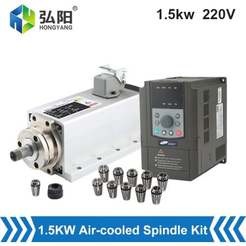 CNC Spindle Motor 1.5kw 220V Square Air-Cooled Spindle Motor + VFD Inverter + With ER11 Chuck Set For CNC Router Milling Machine